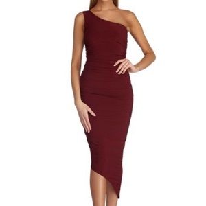 formal one shoulder ruched dress.